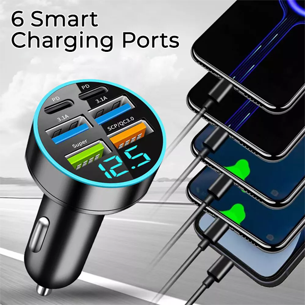 6 Port USB Car Charger Adaptor with Voltmeter