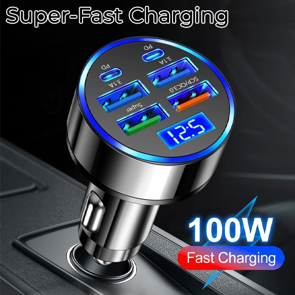 6 Port USB Car Charger Adaptor with Voltmeter